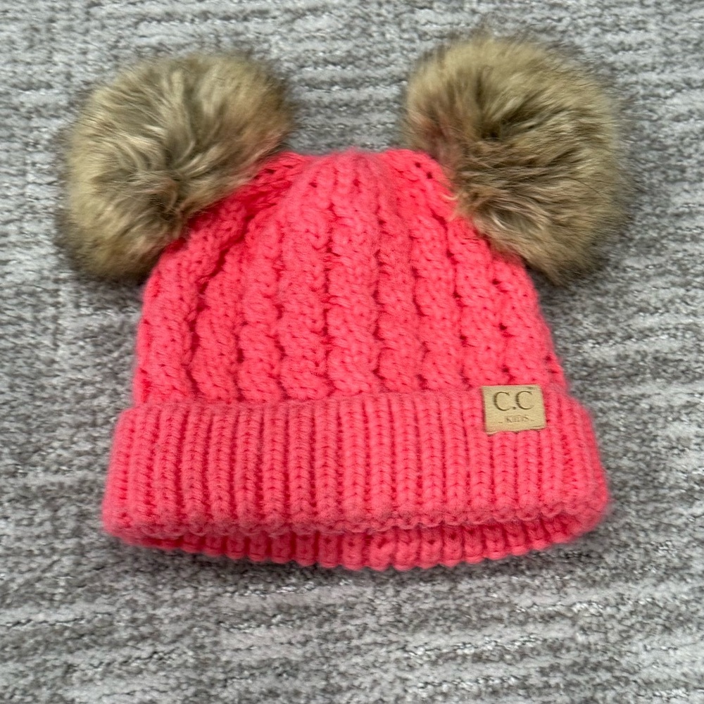 Coral Knit Hat with Brown Pom Poms